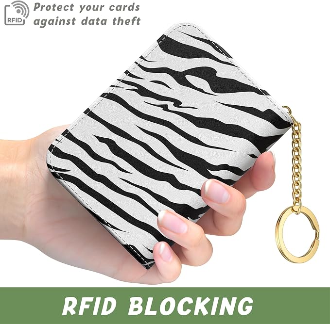 Aiawoxc Credit Card Holder, Small RFID Wallet Slim Leather Card Organizer Case with Zipper and Keychain, Stylish Zebra Print