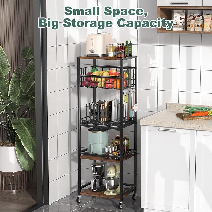 Housolution 5 Tier Kitchen Storage Cart with Fruit Basket Pot Lid Organizer | Versatile Storage, Pull-Out Cutting Board Rack, 4 Lockable Swivel Wheels, Wooden Top, for Kitchen, Pantry, Bathroom, Brown