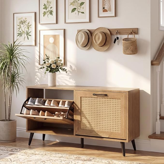GOFLAME Rattan Shoe Storage Cabinet with 2 Flip Drawers, Hidden Shoe Storage Organizer with Adjustable Shelves and Metal Legs, Freestanding Boho Narrow Shoe Rack for Entryway and Living Room