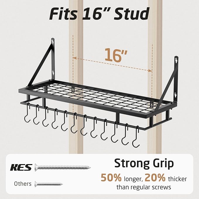 KES 30-Inch Kitchen Pan Pot Rack Wall Mounted, Hanging Storage Organizer | 88 Lbs Capacity, Wall Shelf with 12 Sturdy Hooks, 16-Inch Stud Mount, Matte Black, KUR215S75A-BK