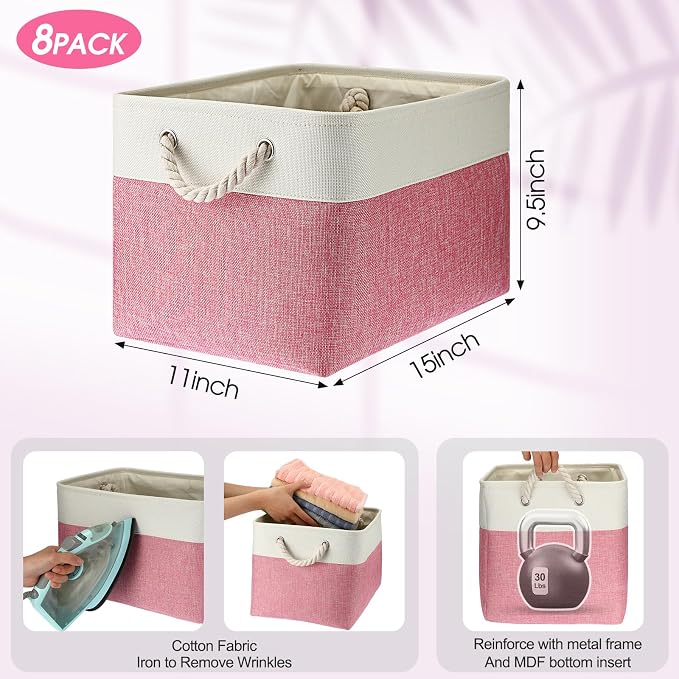 meekoo 8 Pack Collapsible Storage Bins Fabric Storage Bins Polyester Fabric Baskets with Handles Linen Closet Organizer for Shelf Home Closet Towels Toys(15 x 11 x 9.5 in,Pink White)