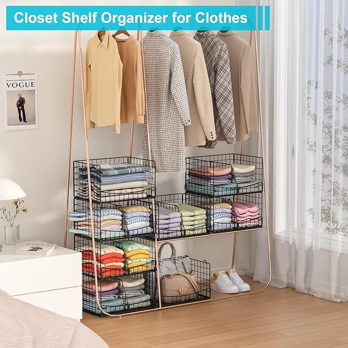 Hongtamoya 4-Tier Closet Organizers and Storage Shelves with Divider, Stackable Closet Shelf Organizer Basket Bins, Clothing Sweaters Storage Container for Wardrobe Cupboard, Black