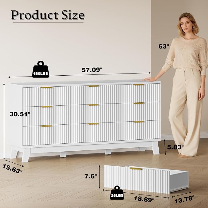 BORNOON Fluted 9 Drawer Dresser, 57.1" Wide Modern Boho Chest of Drawers, Wooden Storage Dresser TV Stand for Bedroom, Living Room, Closet, Hallway, Curved Profile Design