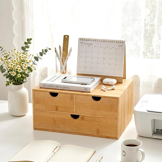 Bamboo Desk Organizer with Drawers, Desktop Storage for Office Supplies | 3 Drawers Desktop organizer, No Assembly Required, Natural Wood Wooden Desktop Drawers Box for Bills, Cosmetics, Seals, Paper