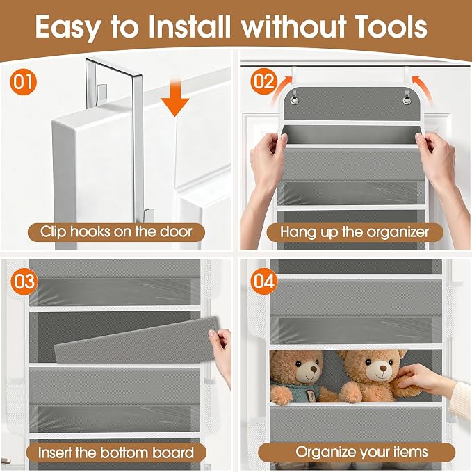 WISELIFE Over The Door Organizer Storage with 4 Large Pockets Door Hanging Organizer with Clear Windows behind The Door Storage for Nursery Bedroom Bathroom Pantry Closet and Baby Essentials Grey