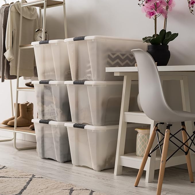IRIS USA 54 Quart Stackable Plastic Storage Bins with Lids and Latching Buckles, 6 Pack - Pearl, Containers with Lids and Latches, Durable Nestable Closet, Garage, Totes, Tubs Boxes Organizing