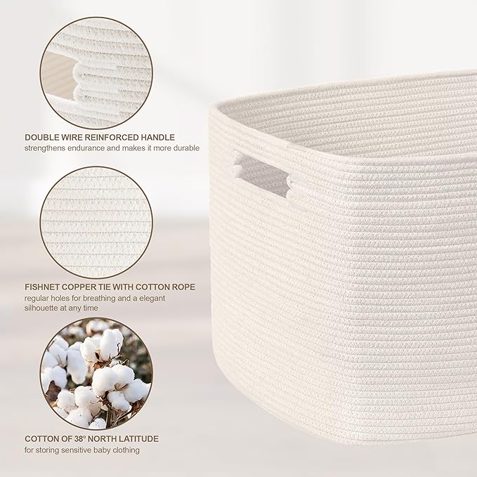 86L Large Woven Laundry Basket Hamper with Handles, White | 24"x16"x14", collapsible wicker hamper, storage for dirty clothes, toys, blankets, gifts, living room, bedroom, bathroom
