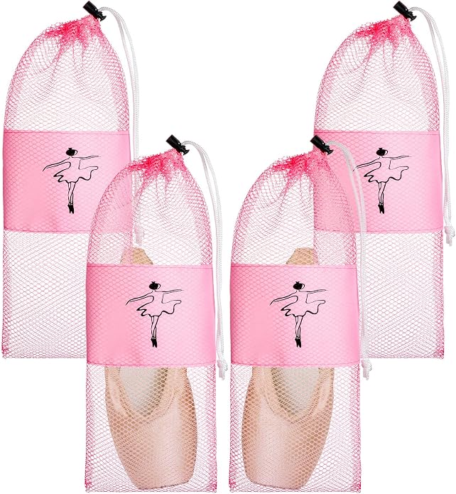 Shappy 4 Pcs Pointe Shoes Bag Mesh Dance Shoe Storage Ballet Accessories for Women Girls, Drawstring Pouch