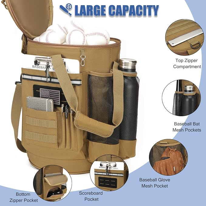 Baseball Bucket Bag 6 Gallon Multi Pockets Softball Coaching Equipment Bag | tactical Baseball Bucket Cover Organizer with padded Seat for Balls, Bat, Gloves, Scoreboards