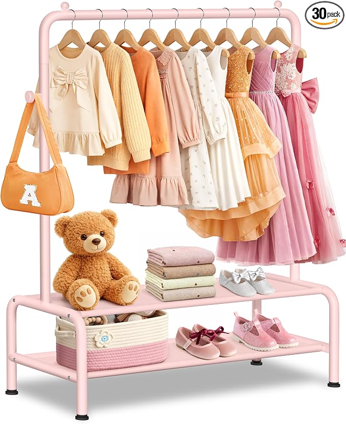 mirolam Kids Clothing Rack - Dress Up Storage - Dress Up Rack for Little Girls - Small Kids Costume Wardrobe with 2 Fabric Shelves - Princess Room Bedroom Decor
