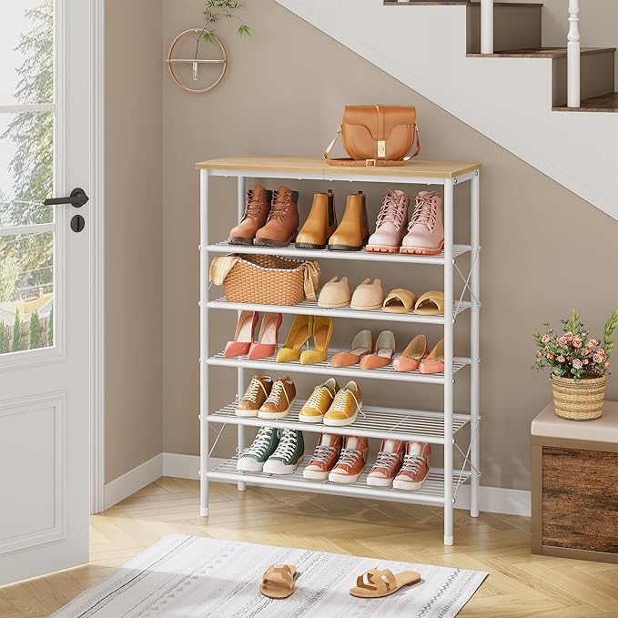Tajsoon 6 Tier Shoe Rack Organizer for 20-24 Pairs of Shoes, Metal Mesh Shoe Shelf for Closet, Industrial Shoe Rack for Entryway Shoe Storage with X Shape Fixed Frame, White Log