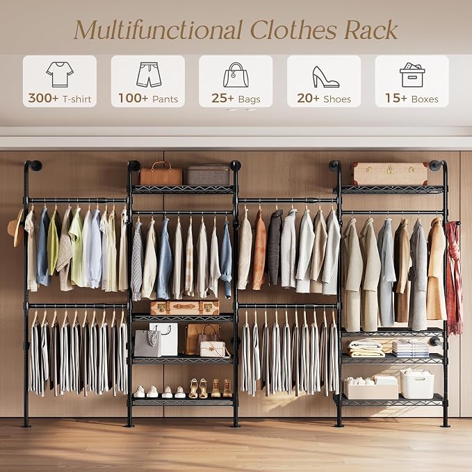 Wall Mounted Closet System, Heavy Duty 4-Row Clothes Rack, Expandable Industrial Pipe Closet Organizers and Storage with 4 Telescopic Rods, 2 Fixed Rods, 5 Hooks & 8 Shelves for Wardrobe, Bedroom