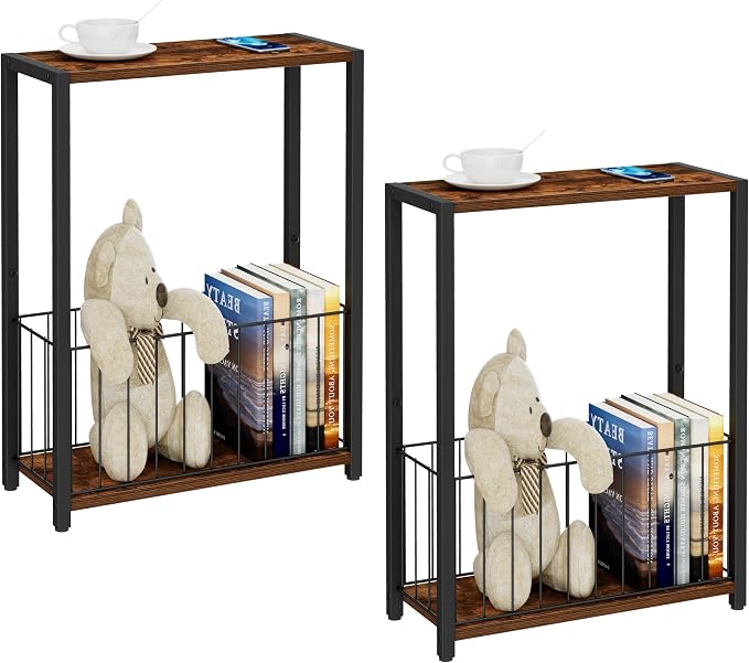 Homleke Narrow Side Tables Set of 2 with Magazine Holder, Skinny End Tables | Space-Saving Design, Small Spaces, Storage Shelf, Metal Frame, Easy Assembly, 7.1" D x 16.9" W x 23.6" H, Rustic Brown