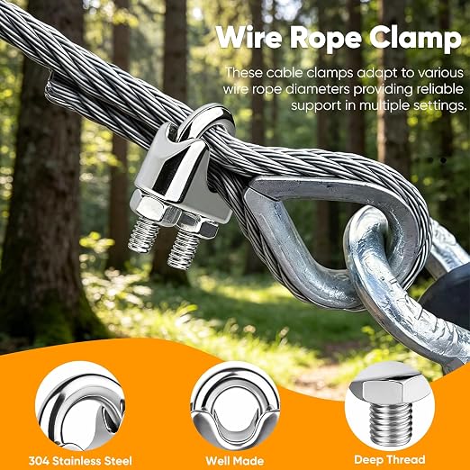 20Pcs 3/8 inch 304 Stainless Steel Wire Rope Cable Clamp,M10 Wire Rope Clips U Bolt Saddle Fastener for Tent Ropes and Wire Ropes
