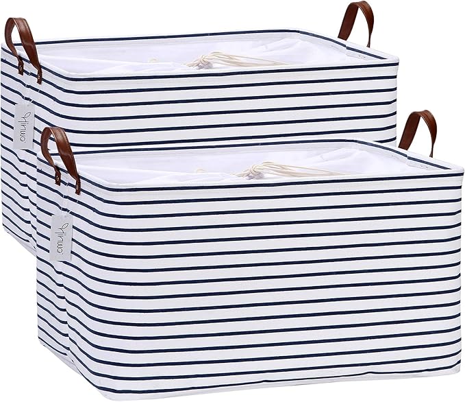Hinwo 70L Extra Large Storage Bins, 2-Pack Closet Organizers and Storage, Foldable Clothes Storage Baskets with Handles, Containers for Clothing, Blanket, Comforters, Toys, Bedding (Navy Stripe)