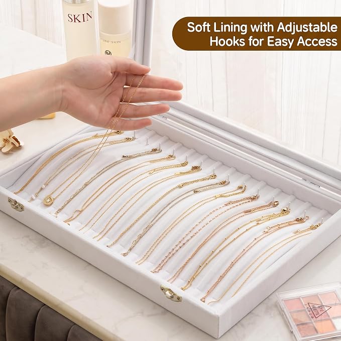 Frebeauty 15 Hooks Necklace Organizer,Velvet Necklace Holder Tray with Lid | Jewelry Organizer for Necklace Pendant Chain,Women Jewelry Box,for Home Use and Jewelry Store,Jewelry Display for Drawer