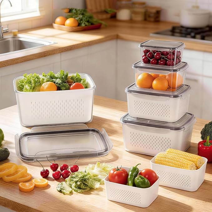 HOMETALL 6 PCS Fruit Storage Containers for Fridge with 6 Removable Colanders, BPA Free Produce Containers for refrigerator, Dishwasher & Microwave Safe Food Containers Keep Fruit, Salad, Berry, Fresh