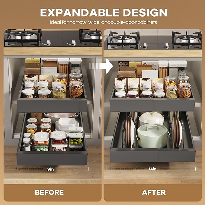 Seinloes 2 Pack Pull out Cabinet Organizer 21" Deep With Raising Pad for Framed Cabinets, Expandable (9"-14" W) Slide out Drawers for Kitchen Cabinets with 4pcs Divider Racks, Roll out Shelves, Black