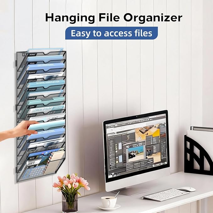 14-Tier Wall File Organizer and Hanging File Organizer, Black | Wall Organizer and Wall Mounted File Holder with 14 Pockets and Label Panels for Files, Mail, Folders, Magazines and Paper