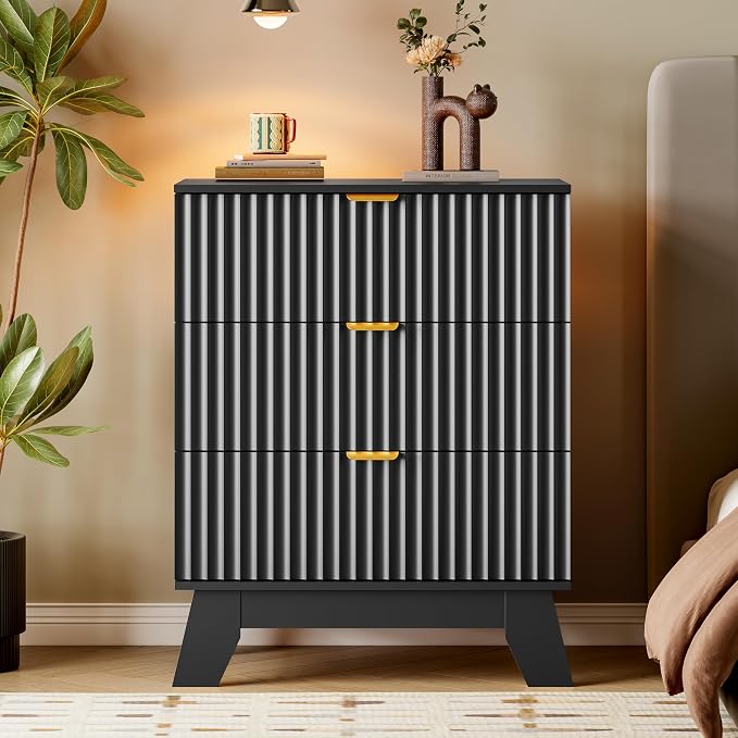 BORNOON Fluted 3 Drawer Dresser, 30.3" Tall Compact Modern Boho Chest of Drawers, Wooden Storage Cabinet for Bedroom, Living Room, Entryway, Curved Profile Design