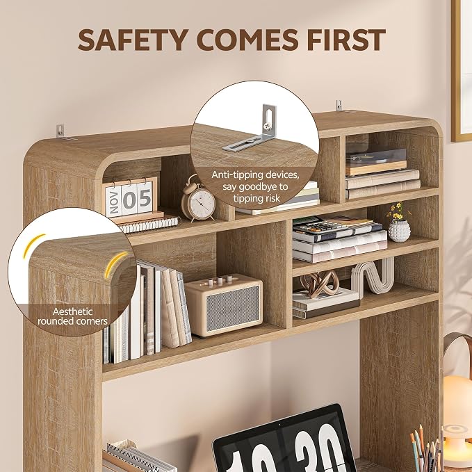 5-Tier Desk Shelf, 37.4''W Desktop Bookshelf for Computer Monitor, Desktop Organizer Shelf Storage Rack with 6 Cubbies, 5-Level Desk Hutch Display Rack for Home, Office, Dorm, Vanity, Natural