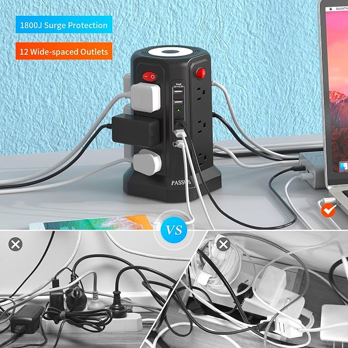 Surge Protector Power Strip with 5 USB Ports(1 USB C PD20W), 2nd Generation PASSUS Power Strips with Night Light, 10FT Extension Cord with Multiple Outlets for Home Office Dormroom Essentials
