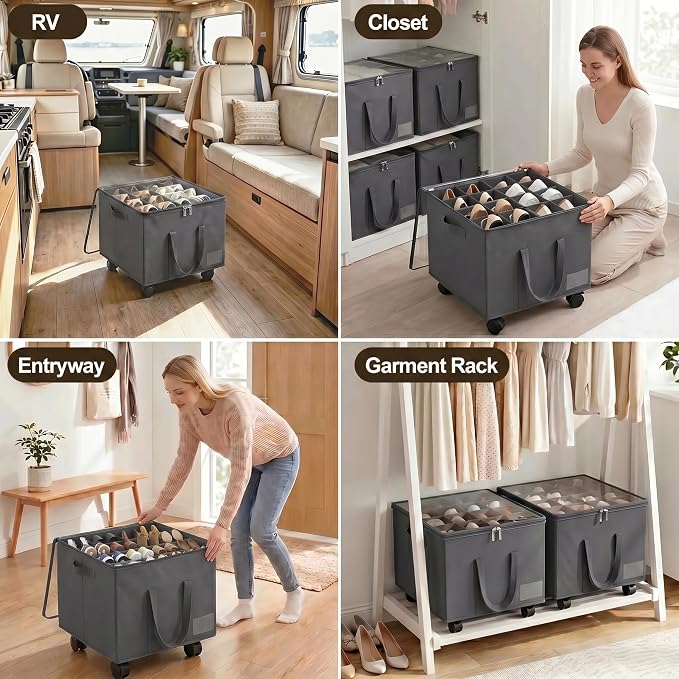 Large Shoe Organizer for Closet, 16 Pairs Shoe Storage Box with 360° Wheels & Reinforced Handles, Adjustable Dividers, Clear Cover, Side Pocket, Foldable Oxford Fabric Bin for Entryway, Grey
