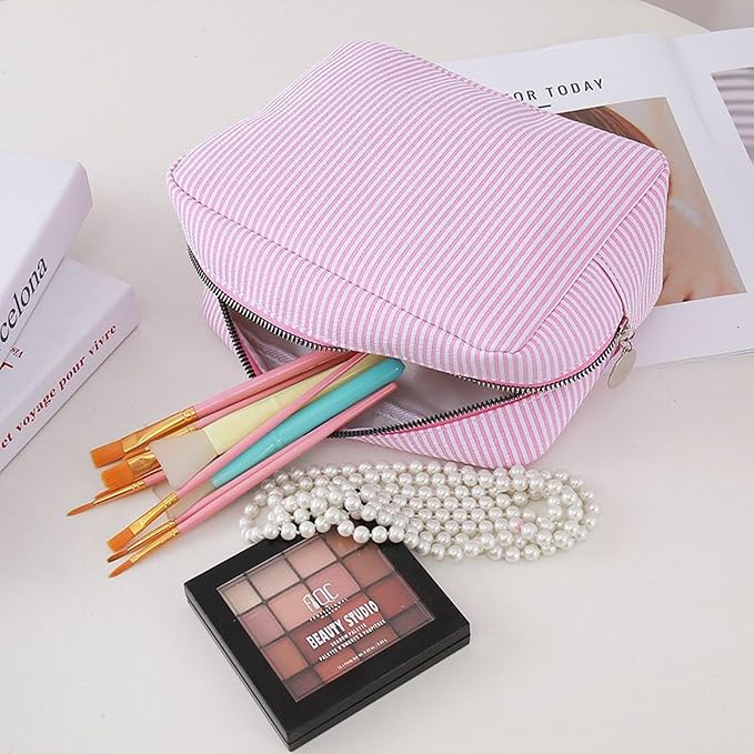 Large Capacity Striped Pencil Case Cosmetic Bag with Zipper Portable Stationery Organizer Pouch for School Students Teens Travel Toiletry Bag (Purple)