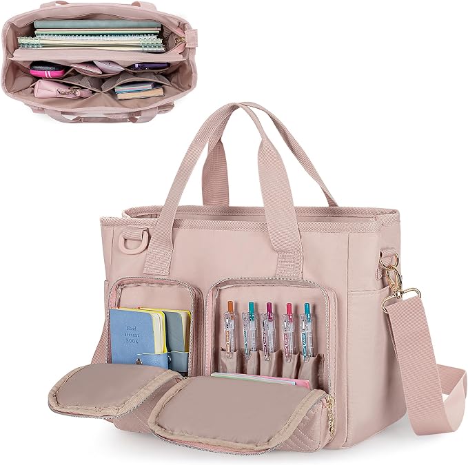 Teamoy Journal Supplies Storage Case, Journal Bag Planner Case, Pink | Quilted Stationery Bag with Shoulder Strap, Large Travel Organizer for B5 Notebooks, Planner, Pens, and Journal Accessories