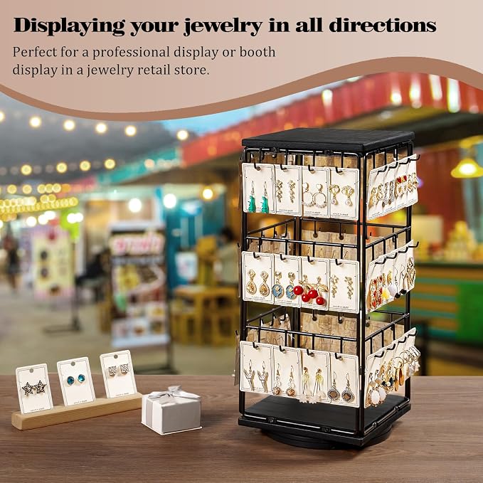 360 Rotating Earring Display Stands for Selling, Earring Rack Display Holder Stand, Jewelry Display for Vendors Selling Earring Cards, Necklaces, Bracelets, Hair Accessories (48 Hooks)