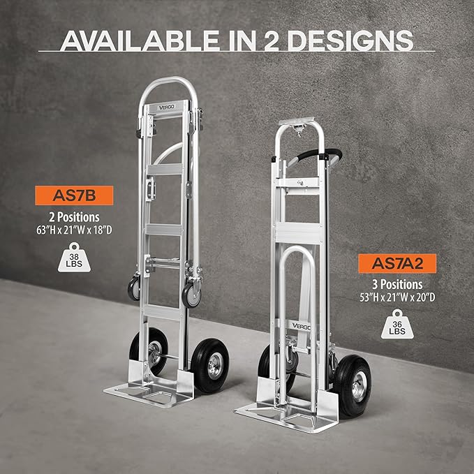 Vergo Industrial Convertible Hand Truck - AS7A2 Heavy Duty Aluminum 3 in 1 Dolly (750 lb Capacity) Lightweight Frame, Ergonomic Handle, Extendable Loop, Versatile Moving Dolly (3 Positions, 53" High)