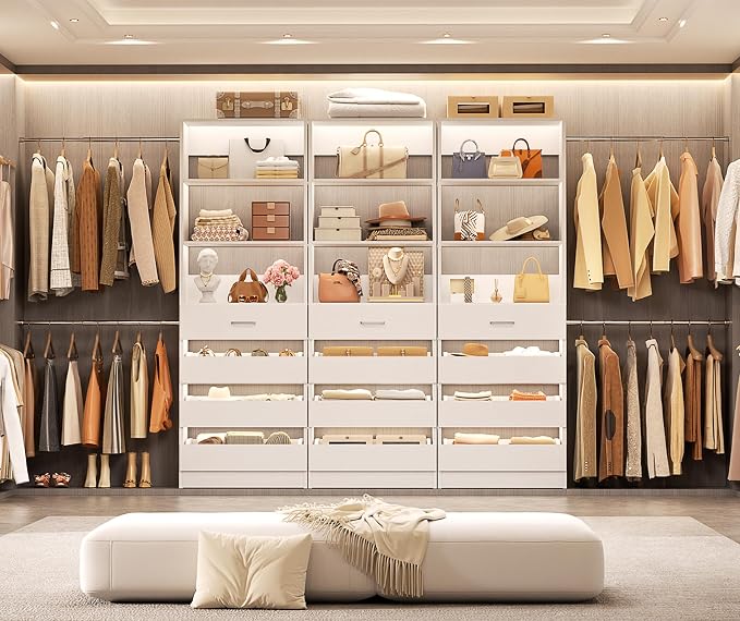 Aheaplus Closet System with 12 Drawers, 8.5-11.5Ft Wood Closet Organizer System with 4 Hanging Rods & 3 Towers, 4Ft & 6Ft L-Shaped Walk-in Closets Wardrobe Organizer Clothes Rack, Set of 3, White