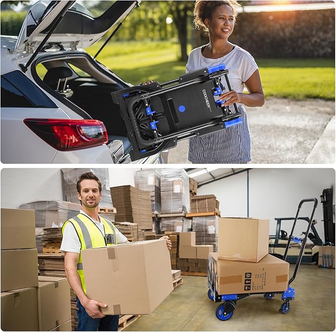 330LB Folding Hand Truck Heavy Duty Carrying, Combination of Four Wheels and Two Wheels Convertible Dolly Cart with Retractable Handle Dolly for Moving Office Carts(Blue)