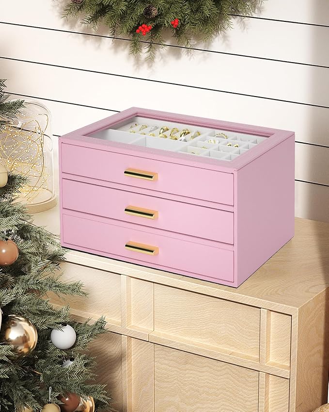 AKOZLIN Jewelry Box with Clear Lid Functional Leather Jewelry Storage Organizer Case 3 Drawers for Women Girls Necklace Ring Bracelet Earring