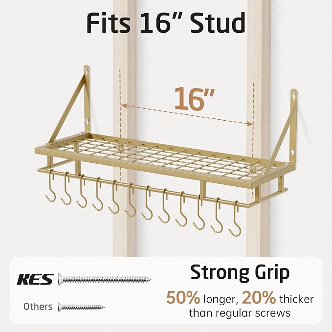 KES 30-Inch Gold Pot Rack, Wall Mounted Hanging Pot and Pan Organizer | 12 Sturdy Hooks, Elegant Modern Kitchen Wall Hanger Shelves, KUR215S75A-GD