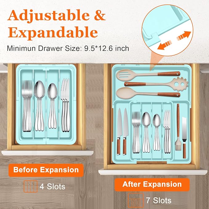 Spaclear Silverware Organizer - Expandable Silverware Drawer Organizer Adjustable Drawer Organizer, Silverware Tray for Drawer15.2"x 19" Cutlery Drawer Organizer, Kitchen Organizers Storage, Turquoise