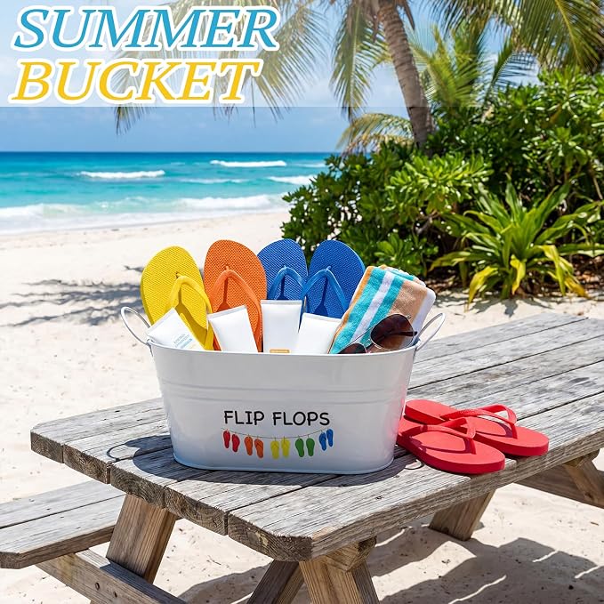 Blulu 10.6"x4.7" Flip Flop Storage Bucket Metal Poolside Basket Above Ground Pool Bin Summer Basket Outdoor Storage for Sunscreen Goggles Flip Flop Spf Swimming Camping Beach Accessories Decor