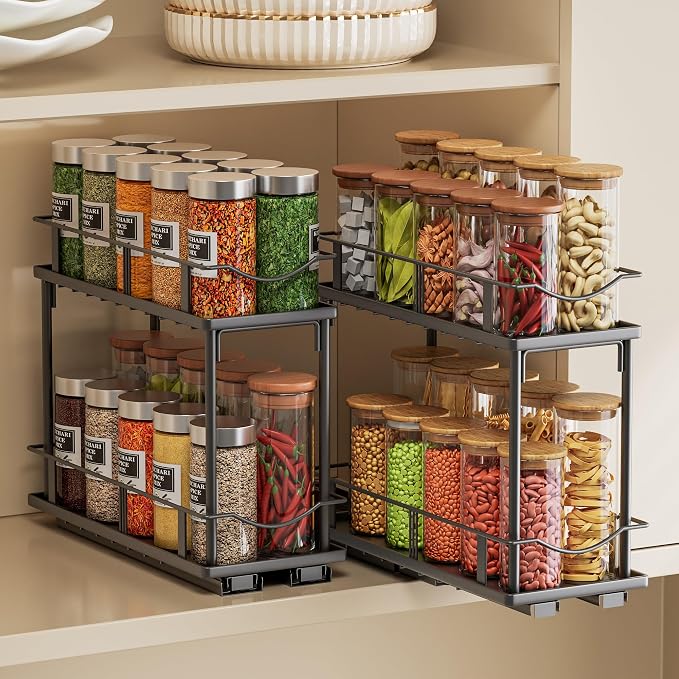 Bunoxea Pull Out Spice Rack 2 Pack,Slide Out Cabinet Spice Rack,Black | 2-Tier Rack, Full Extension Ball Bearing Glides, 10.7"Dx4.8"Wx8.85"H, Kitchen Pantry,Narrow Cabinet Spice Storage Organizer