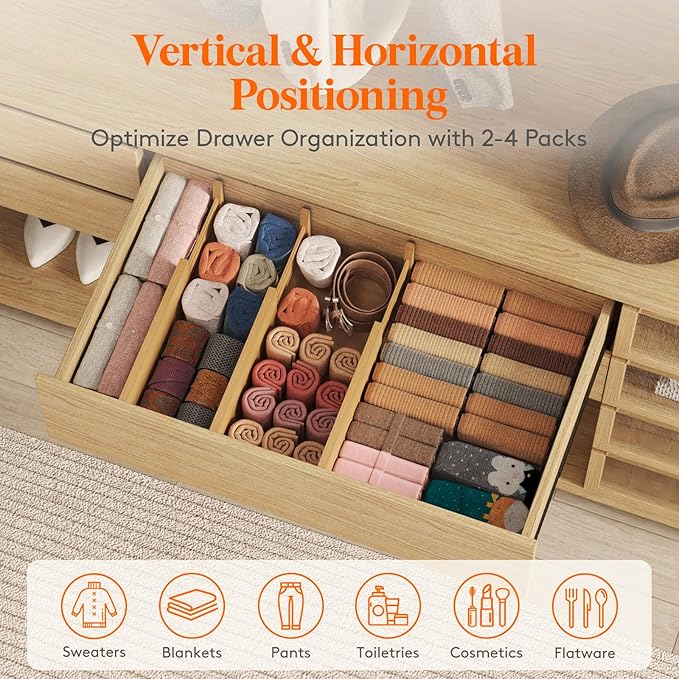 Lifewit 5" High 6 Pack Bamboo Drawer Dividers 33-42cm/13-16.5" Adjustable Wooden Drawer Organizer for Clothes/Utensils, Expandable Drawer Separator for Dresser/Kitchen/Bedroom/Office Organization