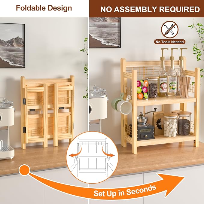 No-Assembly Coffee Bar Organizer, 2-Tier Coffee Station Shelf | Foldable Oak Wood Shelf, Coffee Station Accessories Storage for Syrup & Pod, 3 Hooks for Mugs, Kitchen Condiment Rack Natural