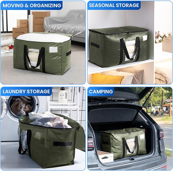 TAILI 12 Pack Green Extra Large Storage Bags, Heavy Duty Totes with Visible Window, Wrap Around Handles, Perfect for Moving and Storage