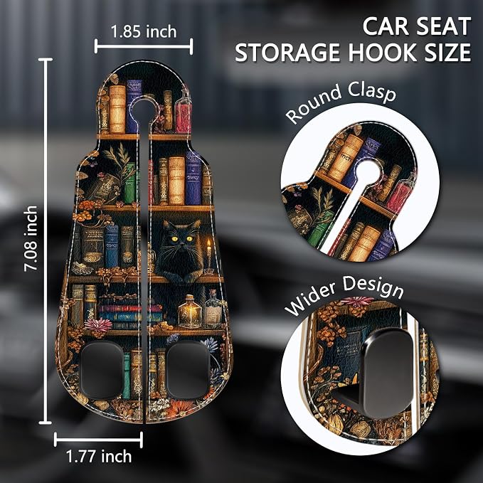 Blusabaca 2PCS Car Hooks for Purses and Bags, Goth Gothic Bookshelf Black Cat Seat Back Storage Headrest Holder Hanger PU Leather Double Metal Backseat Organizer, Women Car Accessories Organization