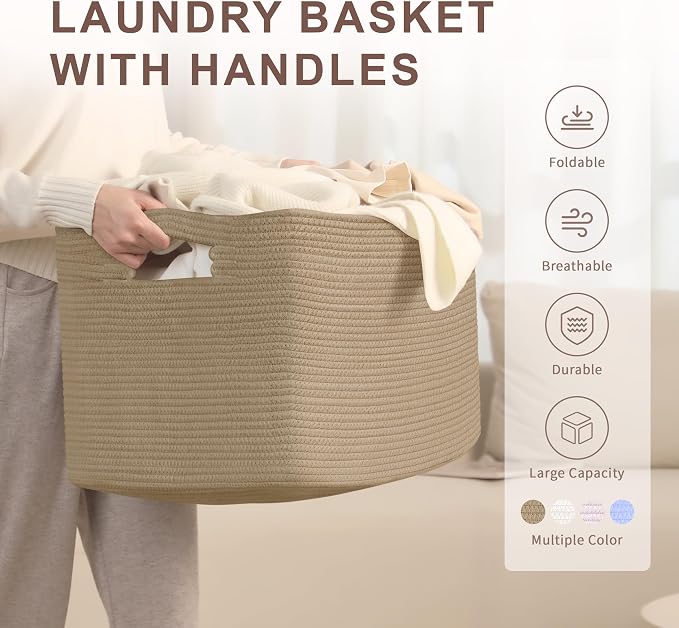 86L Large Woven Laundry Basket Hamper with Handles, Jute | 24"x16"x14", collapsible wicker hamper, storage for dirty clothes, toys, blankets, gifts, living room, bedroom, bathroom