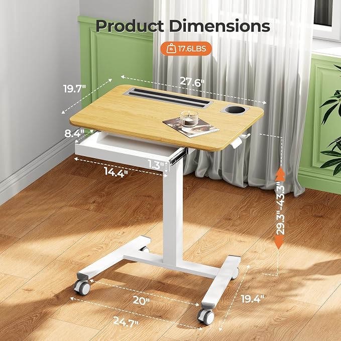 28" Mobile Standing Desk with Drawer, Portable Laptop Desk | Rolling Desk with Cup Holder & Hooks, Height Adjustable Computer Cart on Wheels for Classroom, Study Desk with Storage, Maple