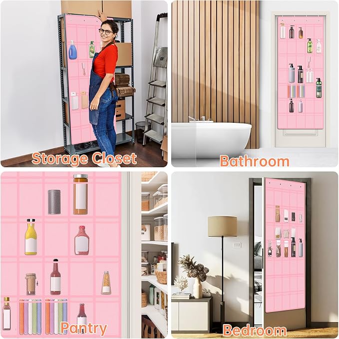 NiHome 35 Pockets Door Hanging Cup Organizer Fit for Stanley Tumblers, Pink | Large Capacity Over the Door Water Bottle Organizer in Kitchen, Pantry, Classroom, Elastic Mesh Secure Storage Cup Holder