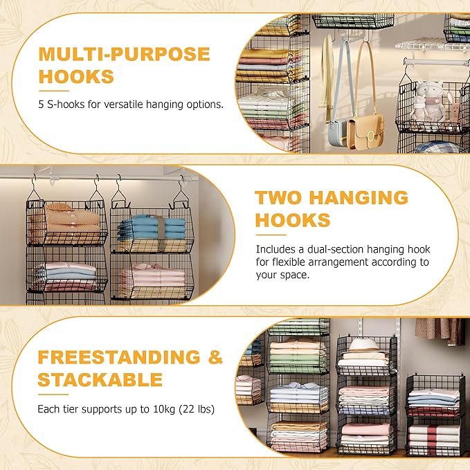 X-cosrack 7 Tier Foldable Hanging Closet Organizer and Storage,Wire Closet Shelving with 4 Large Hooks+ 5 S Hooks,Hanging Basket for Clothes Sweaters Shoes Handbags,Small Closet Organizers