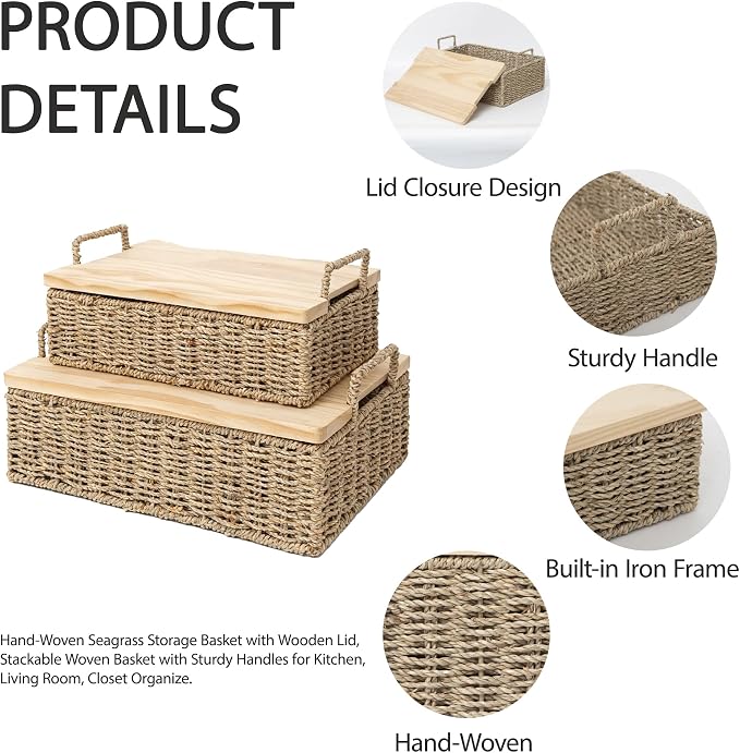 Woven Seagrass Wicker Storage Basket Set of 2 with Wooden Lids | Stackable Basket with Handles, Rectangular Decorative Basket for Shelves Home, Closet & Desktop Organization