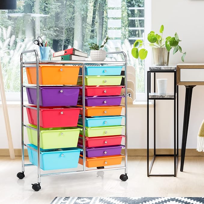 COSTWAY 15 Drawer Rolling Storage Cart, Mobile Storage Organizer | Removable Drawers & Metal Frame, Multipurpose Utility Tools Paper Organizer on Wheels for Home, Office (Multi-color)