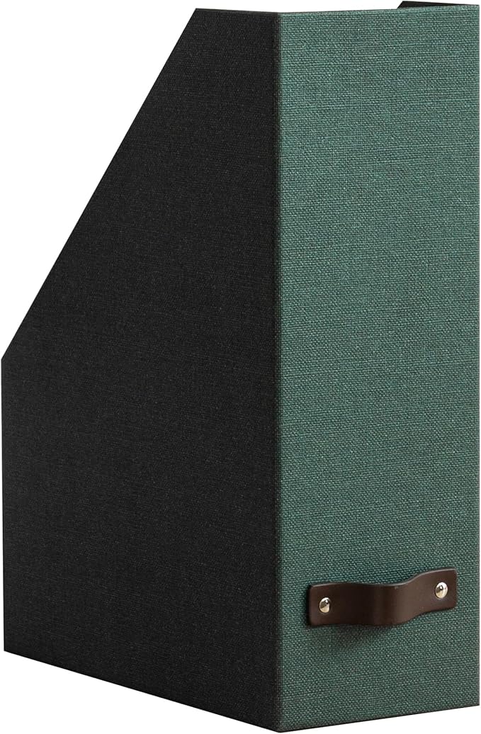 Bigso Estelle Fibreboard Magazine Holder with Leather Handle - Magazine File Holder and Organizer for Papers and Catalogs on Home or Office Desks - W4.4 x D9.8 X H12.7 (inches) - Dark Green