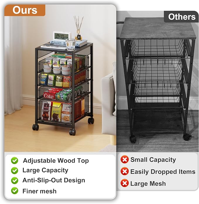 5-Tier Rolling Utility Cart with Adjustable Wood Top (Tabletop or Basket) | Metal Kitchen Storage Cart - Fruit Vegetable Storage Rack with Wheels & 4 Drawers,, Pantry Snack Cart for Cans, Craft, Art
